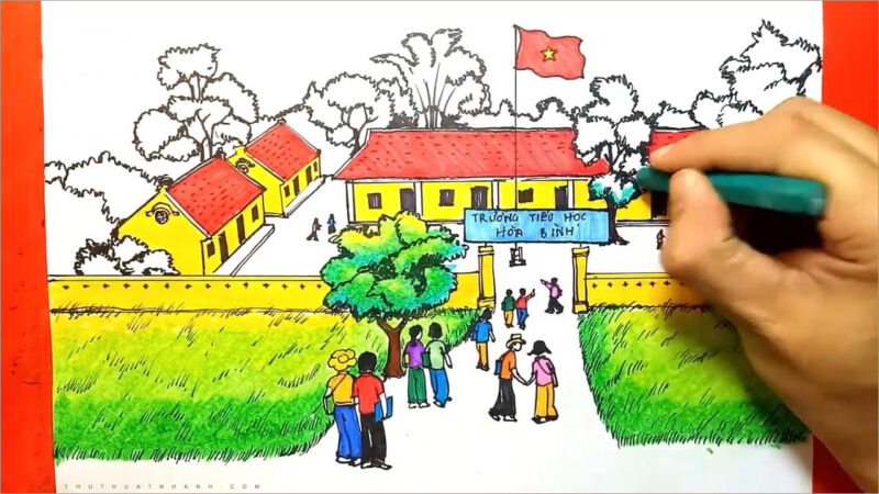 Tranh vẽ cổng trường nhộn nhịp