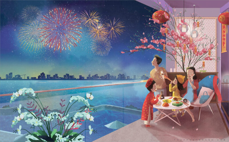 Vẽ tranh đêm giao thừa pháo hoa